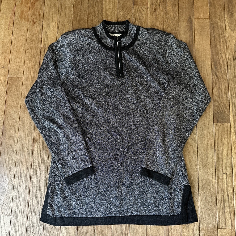 Vintage Regency Silver Tunic Sweater‎ M Metallic Black Zip Trendy Glam Retro